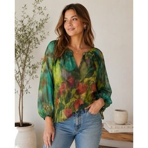 Black Halo 100% Silk Top Shirt Blouse Tulip Floral Sz 8 Beautiful Sheer